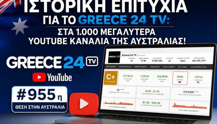 Ιστορική επιτυχία για το Greece 24 TV: Στα 1.000 μεγαλύτερα YouTube κανάλια της Αυστραλίας